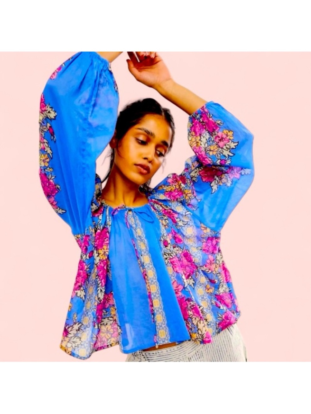 Free People Shirt Womens Small Elena Blue Floral Boho Indian Cotton